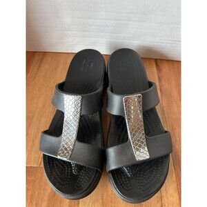 CROCS Monterey Black  Metallic Accent Slip On Wedge Sandal Women’s Size 10W